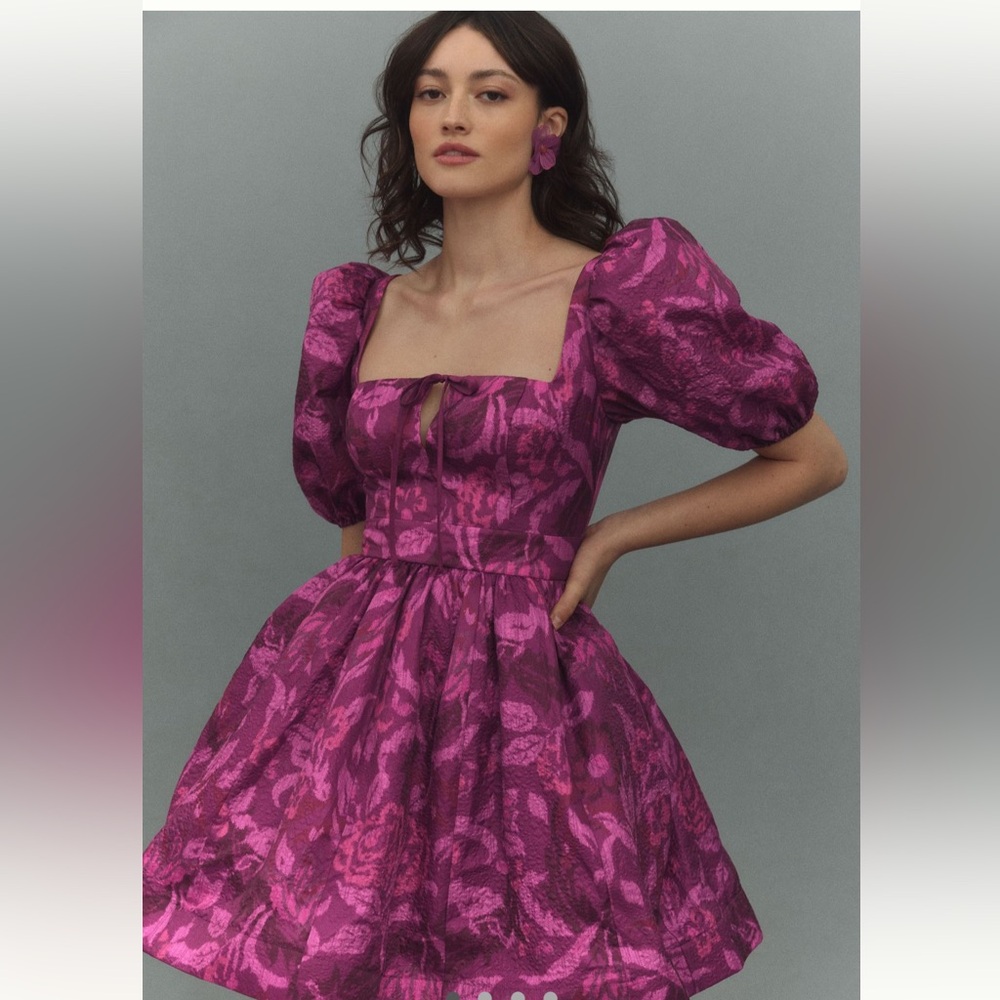 BHLDN Chloe Puff-Sleeve Square-Neck Jacquard Mini Dress, size S, NWT